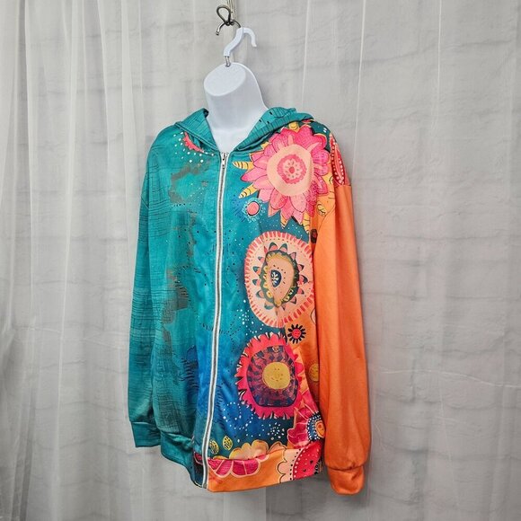 Blue Orange Hooded Zip Boho Sweatshirt L - Picture 6 of 10